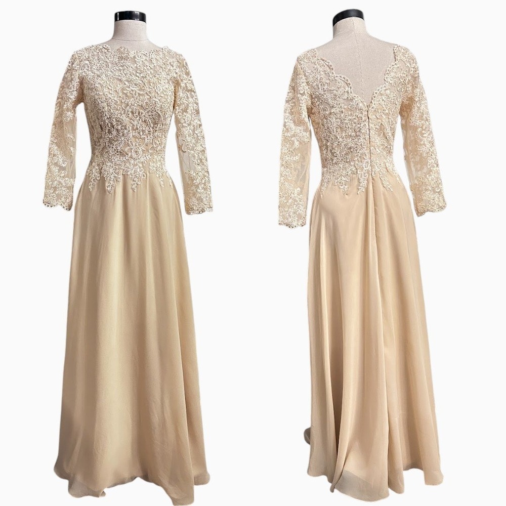 Champagne Floral Lace Chiffon Long Sleeve Modest Wedding Maxi Dress size 4